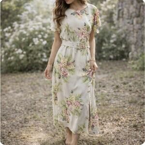 Vintage Montefiore Sz 10 USA Cream Floral Side button Slit Belted Sheath Dress